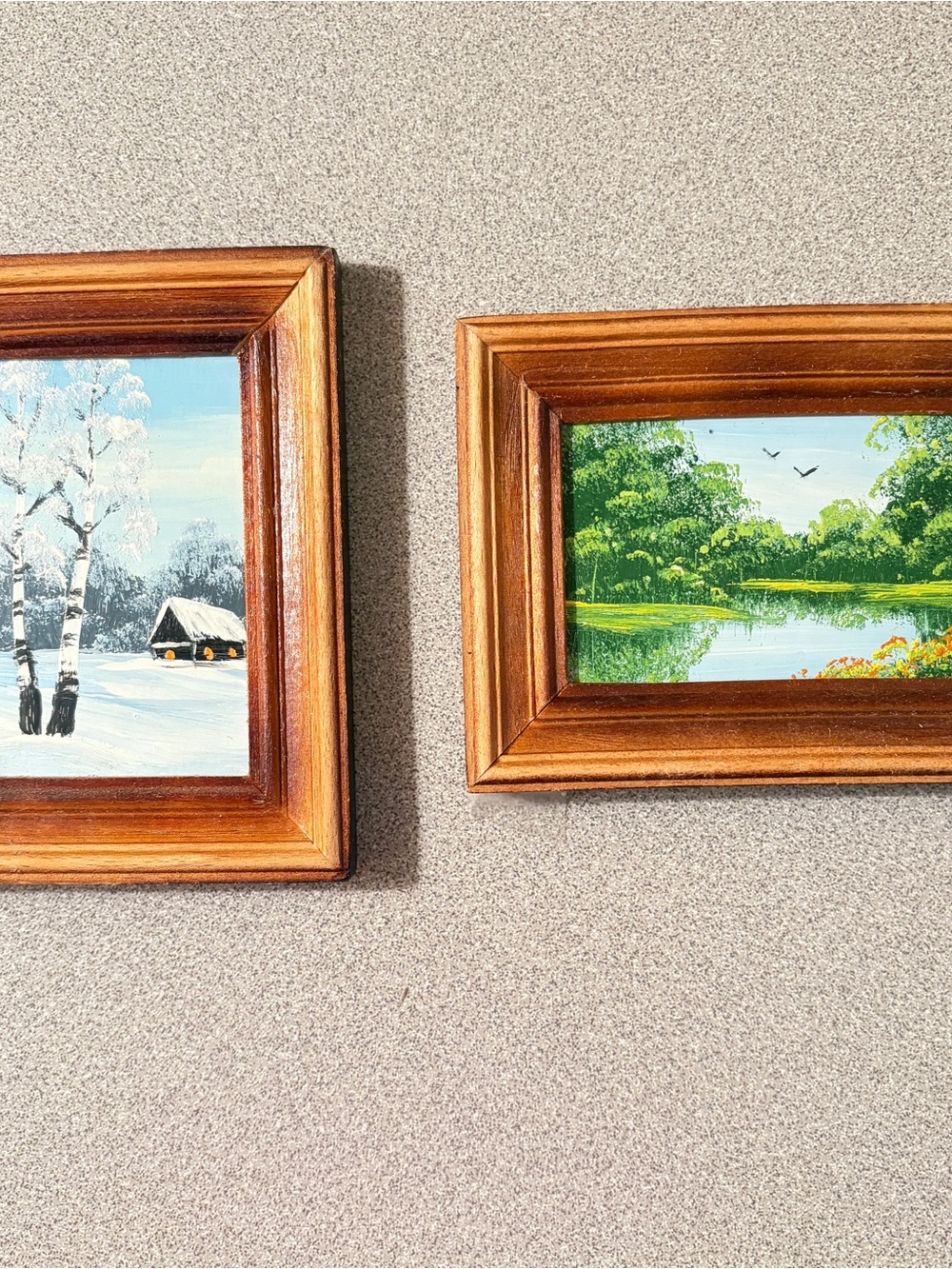 Vintage Russia Soviet era small winter summer scenes Oil Paintings, wood Framed